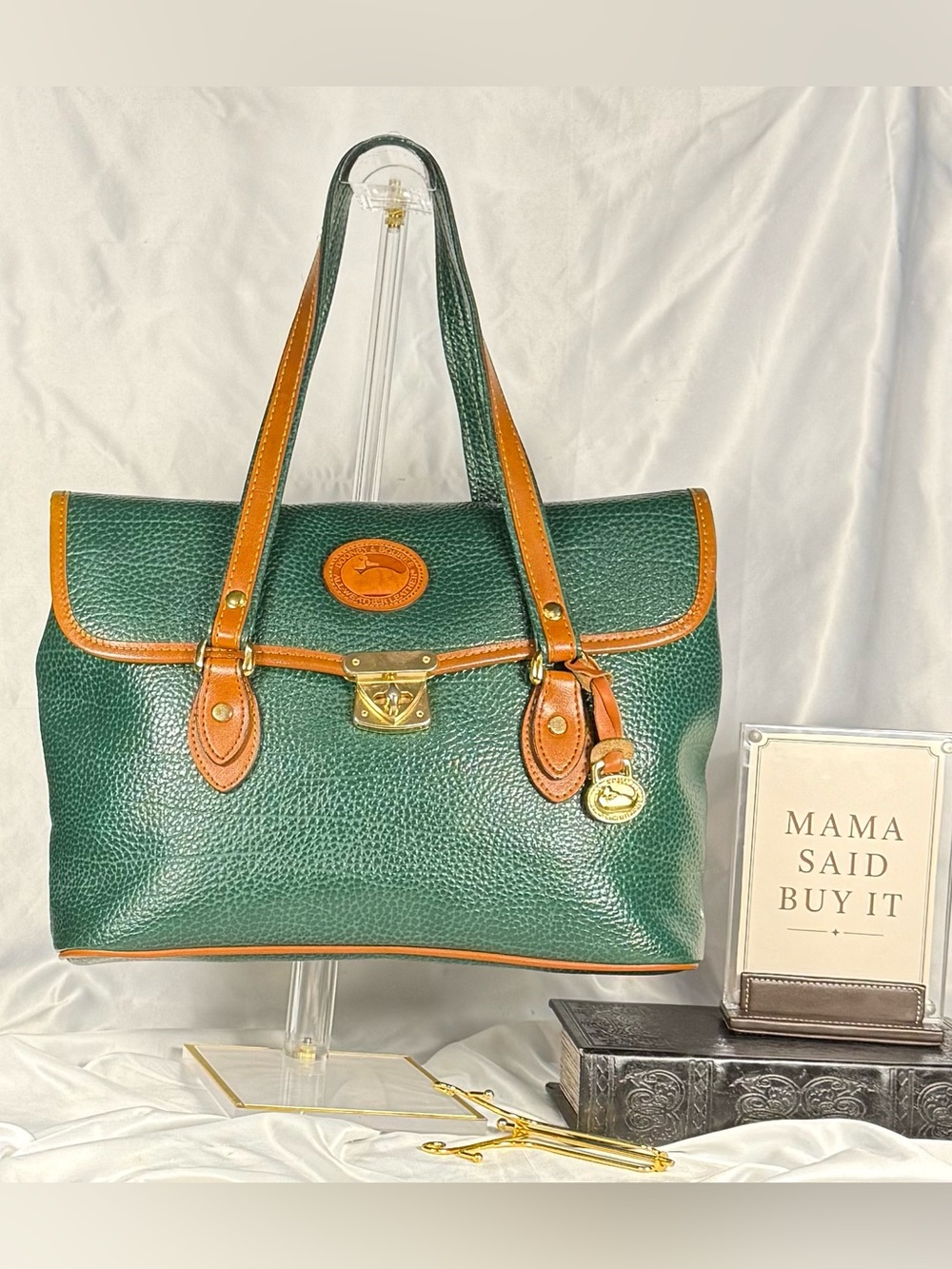 Vintage Dooney & Bourke Green AWL Leather Tote Bag British Tan Trim Duck Logo